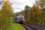   Der Dieseltriebwagen 640 003-9 (9580 0 640 003-9 D-DB ABp) ein Alstom Coradia LINT 27 der DreiLänderBahn als RB 95  Sieg-Dill-Bahn  (Dillenburg-Siegen-Au/Sieg)am 26.10.2014 beim Halt am