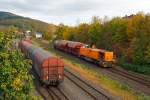   Auf dem Weg nach Hause am 15.10.2014, sah ich dass das Einfahrtsignal auf Hp 2 stand, so musst ich nur kurz warten und die Lok 46 (92 80 1277 807-4 D-KSW) der Kreisbahn Siegen-Wittgenstein (KSW) kam