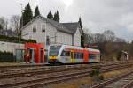   Der VT 123 der vectus Verkehrsgesellschaft mbH, ein Stadler GTW 2/6, fährt am 15.02.2014 für die Hellertalbahn GmbH als RB 96  Hellertalbahn  (Betzdorf-Herdorf-Haiger-Dillenburg) in den