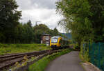 Der VT 263 (95 80 0648 163-3 D-HEB / 95 80 0648 663-2 D-HEB) ein Alstom Coradia LINT 41 der HLB (Hessische Landesbahn), verlässt am 16.08.2023, als RB 96 „Hellertalbahn“ (Betzdorf