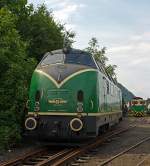 Die V 200 053 der Brohltal-Schmalspureisenbahn Betriebs-GmbH abgestellt auf dem Umladebahnhof am 04.07.2012 in Brohl.