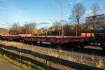 Zwei sechsachsiger Drehgestell-Flachwagen, mit Rungen, Stirnwandklappen und klappbaren Ladeschwellen, jedoch ohne Seitenwandklappen der Gattung Samms 489, der DB Cargo AG, abgestellt am 21.02.2013  im
