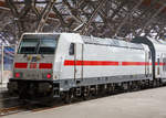 Die 146 564-0 (91 80 6146 564-0 D-DB) steht am 21.05.2016 mit einem IC 2 (Doppelstock-IC) im Hauptbahnhof Leipzig zur Abfahrt bereit.