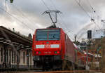 Die 146 004-7 (91 80 6146 004-7 D-DB) der DB Regio NRW erreicht am 15.01.2023, Steuerwagen voraus mit dem RE 9 rsx - Rhein-Sieg-Express (Siegen– K�ln - Aachen), den Bahnhof Betzdorf (Sieg).