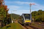 Ein Stadler GTW 2/6 der Hellertalbahn (Umlauf HTB90426) f�hrt am 03.10.2013 in den Bahnhof Herdorf ein.
