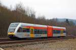   Ein Stadler GTW 2/6 der Hellertalbahn fährt am 30.11.2014 von Herdorf weiter in Richtung Neunkirchen.