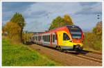 Der 5-teilige Stadler Flirt 429 046 / 546 der HLB Bahn (Hessischen Landesbahn)  als RE99 / RE 40 Siegen - Gie�en - Frankfurt Hbf (Umlauf HLB24967), hier am 22.10.2013 kurz vor Haiger auf der
