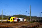   Der neue VT 501 (95 80 1648 101-1 D-HEB / 95 80 1648 601-0 D-HEB) ein Alstom Coradia LINT 41 der neuen Generation / neue Kopfform der HLB (Hessische Landesbahn GmbH) fährt am 10.10.2015, als RB