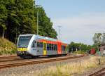   Der VT 526 128 ein Stadler GTW 2/6 der HLB (Hessische Landesbahn GmbH), ex VT 128 der vectus, fährt am 05.07.2015 vom Bahnhof Westerburg, als RB 90   Oberwesterwaldbahn  die Verbindung