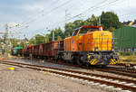   Die Lok 46 (92 80 1277 807-4 D-KSW )der Kreisbahn Siegen-Wittgenstein, eine Vossloh G 1700-2 BB , kommt am 20.07.2018 mit ihrem �bergabe-G�terzug von Herdorf in Betzdorf/Sieg an.