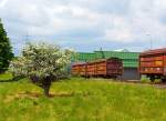 Private gedeckte G�terwagen mit Schiebew�nden und Schiebedach der Gattung Tbis 869 - Bauform A der Westerwald WEBA abgestellt am 08.06,2013 in Weitefeld am Werksanschluss.