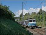 Kurz vor der Steinbogenbrücke, die sich auf dem halben Weg zwischen Satigny und Russin befindet und im Hintergrund erkennbar ist, schiebt die SNCF BB 22360  Nez cassé  ihren TER in Richtung