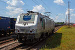 Die  Marathon Lok , die Alstom Prima BB 37002 (91 87 0037 002-5 F-AKIEM) der Akiem, ex Fret SNCF 437002, fährt am 01 Juli 2025 auf Tfzf (Triebfahrzeugfahrt) / Lz (Lokzug) durch den Bahnhof