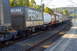 Recht lange sechsachsige Drehgestell-Gelenk-Containertragwagen-Einheit (6- achsiger Containertragwagen), 33 83 4962 012-4 I-CEMAT, der Gattung Sggmrrss, der Mercitalia Intermodal S.p.A., Mailand (ex Cemat S.p.A.), am 17 September 2024 im Zugverband bei der Durchfahrt im Bahnhof Kirchen (Sieg).

TECHNISCHE DATEN (laut Anschriften):
Spurweite: 1.435 mm
Anzahl der Achsen: 6 in drei Drehgestellen
Länge über Puffer: 33.940 mm
Eigengewicht: 31.000 kg
Max. Zuladung bei Lastgrenze S: 104,0 t (ab Streckenklasse D)
Max. Zuladung bei Lastgrenze SS: 57,0 t (ab Streckenklasse A)
Max. Geschwindigkeit: 100 km/h (Lastgrenze SS oder leer 120 km/h)
Kleinster bef. Gleisbogenradius: R 75 m
Verwendungsfähigkeit: RIV

Bedeutung der Gattung Sggmrrss:
S   - Drehgestell-Flachwagen in Sonderbauart
gg  - für den Transport von Containern mit einer Gesamtladelänge über 60 Fuß eingerichtet
m  - mit sechs o. mehr Radsätzen Ladelänge 18 m bis unter 22 m
rr  - Wageneinheit
ss   - lauffähig bis 120 km/h (beladen)
