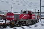 Die CFL Cargo Diesellok DE 18-303 (92 82 4185 303 – 7) steht mit einem G�terzug auf einem Nebengleis im schneebedeckten Bahnhof Belval-Universit�.