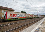Sechsachsiger Gelenk-Taschenwagen (Doppeltaschenwagen Typ T3000e in Gelenkbauart) der Gattung Sdggmrss 738, 37 82 4992 310-7 L-CFLCA, der CFL Cargo (Luxemburgischen Eisenbahnen / Société