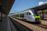 Zwei gekuppelte BLS MIKA, der MIKA 117 - RABe 528 117 (94 85 7528 117-x CH-BLS und der MIKA 102 - RABe 528 102 (94 85 7528 102-7 CH-BLS) erreichen, als RE noch Brig, am 28.05.2023 den Bahnhof Spiez.