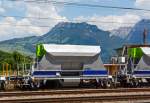 BLS Neuschotterwagen der Gattung Fccnpps (21 RIV 85 CH-BLS 6439 725-3) angestellt am 28.05.2012 im Bahnhof Spiez.