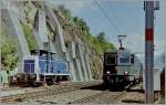 Eine ex DB 260 in Ausserberg, w�hrend auf Gleis drei ein G�terzug Richtung Norden durchf�hrt.