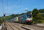 In Doppeltraktion fahren am 08.09.2021 die an die BLS Cargo vermietete  X4E 717 / 193 717-6 (91 80 6193 717-6 D-DISPO) mit Werbung  LWR - Locomotive Workshop Rotterdam , eine Siemens Vectron MS