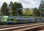 Dreiteiliger BLS NINA 12 (RABe 525 012) angestellt am 28.05.2012 im Bahnhof  Spiez.