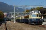 BLS: Sonderzug mit dem  BLAUEN PFEIL  BCFe 4/6 736 beim Zwischenhalt in Grenchen Nord am 1.