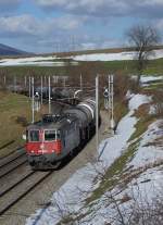 SBB: Re 420 268-5 mit einem langen Kesselwagenzug zwischen Niederbipp und Wangen an der Aare am 25.