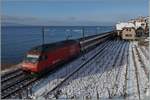 Am winterlichen  Kleinen See  zieht bei St-Saphorin die SBB Re 460 043-3 ihren IR Richtng Brig.
