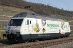 Die neue SBB Werbelokomotive Re 460 041-7 für Coop auf ihrer ersten Fahrt.
