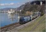 Die SBB Re 460 078 mit der Werbung f�r Nendaz ist bei Villeneuve mit einem IR90 auf dem Weg in Richtung Brig.