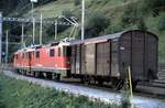 RhB Ge 4/4 II Nr.616 und eine weitere mit nur 1 Güterwagen in Bergün im August 1990.