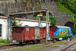 Der zweiachsige gedeckte G�terwagen CEV Gk 36, ex K 36, der Chemins de fer �lectriques Veveysans (heute MVR - Transports Montreux–Vevey–Riviera) ist am 26.05.2012 beim Bahnhof Vevey