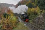 La DER 2021 du Blonay-Chamby - Die Blonay-Chamby G 2x 2/2 105 ist ihrem Zug aus grünen Wagen in der Baye de Clarnes Schlucht bei Kilometer 7.6 unterwegs und wird in Kürze Cornaux erreichen.