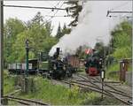 Nostalgie & Vapeur 2021  /  Nostalgie & Dampf 2021  - Die G 2x 2/2 105 rechts im Bild dampft in den Bahnhof von Chaulin zurück und G 3/3 N° 5 (ex LEB) wird nun mit Wasser und Kohle versorgt.