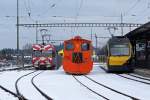 ASm: Zusammentreffen von Be 4/4 14 (ex FW), Tm 2/2 141 mit Schneepflung und Be 4/8 114  STAR  in Langenthal am 28.