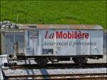 Der MOB Werbe-G�terwagen Gk 514 war am 25.05.2012 in Gstaad abgestellt und konnte aus dem fahrenden Goldenpass Classic fotografiert werden.