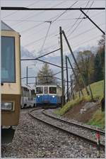 Ein MOB ABDe 8/8 Extrazug auf der Fahrt Richtung Gstaad kreuzt in Sendy-Sollard eine Gegenzug.