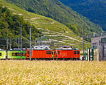   Vor dem Depot der TPC (Transports Publics du Chablais SA) in Aigle stehen am 16.09.2017 die beiden Zweikraft Diesel-Zahnrad-/Adhäsionslokomotiven HGem 2/2 943 und HGem 2/2 941.