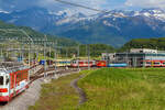Alleine diese Bild aus einem Zug heraus am 28 Mai 2012 ins Dépôt der tpc Transports Publics du Chablais in Châlex (bei Aigle), zeigt die Vielfalt und die noch damalige Farbvielfalt der