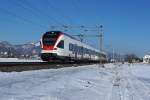 SBB: Regionalzug Olten-Biel mit RABe 523  FLIRT  im winterlichen Niederbipp am 10.
