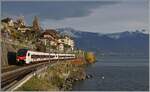 Ein Regionalzug bestehend aus dem SBB RABe 523 104 und einem weiteren Flirt RABe 523.0 ist bei St-Saphorin auf der Fahrt in Richtung Aigle. 

12. Nov. 2024