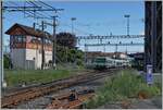 Der BLS Regionalzug von Lyss nach Bern (via Kerzers) mit dem RBDe 566 241 an der Spitze verl�sst den Bahnhof von Kerzers.
