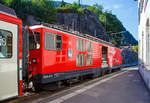   Der Elektrische Zahnradgepäcktriebwagen MGB Deh 4 /4 II – 91 „Göschenen“, ex FO Deh 4/4 II – 91, steht am 01.08.2019 mit ihrem Schöllenenbahn Regionalzug nach
