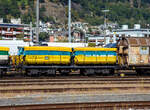 4-achsigiger offener Drehgestell-Schüttgutkippwagen mit zwei Mulden (Zweiseiten-Kastenkipper), 33 85 6770 618-3 CH-WKAG, der Gattung Fans-u, der Wagen 123, der Weiacher Kies AG (zur Eberhard