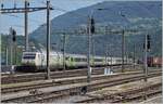 Nicht gerade geschickt mit den vielen Masten aber ein interessantes Bild: Die BLS Re 465 008 steht mit einem EW III Zug in Brig.