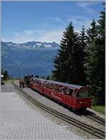 Ein Brienz Rothorn Bahn Zug wartet in Planalp auf den Gegenzug.