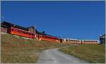 Klassische Jungfraubahn-Züge in neuer und alter Farbgebung warten auf der Kleinen Scheidegg auf die Abfahrt.