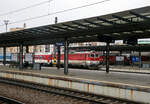 Leider nur �ber den Bahnsteig hinweg....
Die ZSSK 361 125 -8  (91 56 6 361 125-8 SK- ZSSK) erreicht am 23.11.2022 mit einem EC den Hauptbahnhof Prag (Praha hlavn� n�dra��). Die Zweisystemlokomotive (3kV DC / 25kV 50 Hz.AC) wurde aus der 3 kV-Gleichstromlokomotive ex ZSSK 162.031-9, ex �SR 163.119-1, ex ČSD BR 499.3 umgebaut.

Bei den Zweisystemlokomotiven der BR 361 handelt sich um eine komplexe Rekonstruktion von 3 kV Gleichstromlokomotiven der ZSSK BR 162 (f�r 140 km/h) bzw. �SR 163 (f�r 120 km/h) der ehemaligen ČSD-Baureihe E 499.3 (�koda-Typ 71E) die ab 2009 von der Firma �OS in Vr�tky durchgef�hrt wurden. Von der urspr�nglichen Baureihe 163 blieben nur der Kasten und das modifizierte Fahrgestell inklusive Fahrmotoren und Bremseinheiten erhalten. Neben der Verl�ngerung der Lebensdauer ist der Umbau auf ein Zweisystemfahrzeug die gr��te Ver�nderung in die BR 361.0. Sp�tere Loks erhielten zudem einen ETCS-Rechner und die H�chstgeschwindigkeit wurde auf 160 km/h angehoben, diese wurde als BR 361.1 eingeordnet (wie diese hier).

Die urspr�ngliche ČSD-Baureihe E 499.3 (�koda-Typ 71E):
Die Baureihe E 499.3 (ab 1988: Baureihe 163) sind elektrische Lokomotiven der einstigen Tschechoslowakischen Staatsbahn (ČSD) f�r das 3-kV-Gleichstromsystem im Norden und Osten der ehemaligen Tschechoslowakei. Die Lokomotiven wurden ab 1984 von �koda in Pilsen in drei Bauserien � 60 Lokomotiven gefertigt. Konstruktiv basieren die Maschinen auf den Zweisystemlokomotiven ES 499.1 (heute Baureihe 363), jedoch erhielten die E 499.3 nur die Ausr�stung f�r den Gleichstrombetrieb.

Die Lokomotiven der Serie von 1991 wurden mit einer ge�nderten Getriebe�bersetzung als Baureihe 162 f�r eine H�chstgeschwindigkeit von 140 km/h ausgeliefert. Die 1992 gebaute Serie wurde dann wiederum f�r nur 120 km/h H�chstgeschwindigkeit ausgelegt, um f�r Eins�tze im G�terverkehr eine h�here Zugkraft zur Verf�gung zu haben. Wegen finanzieller Probleme wurde diese Serie zun�chst nicht abgenommen, so wurden neun Lokomotiven 1995 an die lombardische Bahngesellschaft Ferrovie Nord Milano Esercizio (FNME) verkauft. 40 Lokomotiven erwarben sp�ter die Tschechischen Bahnen ČD, die restlichen Lokomotiven gelangten 1995 zu den slowakischen �SR (heute: ZSSK).

Die neun nach Italien gelieferten Lokomotiven wurden 2010 vom tschechischen RegioJet erworben und gelangten zur�ck nach Tschechien. Die gelb lackierten Lokomotiven tragen die Nummern 162 112–120.

Sowohl bei den ČD wie bei den �SR erfolgte sp�ter bei einem Teil der 162 ein Tausch der Drehgestelle mit denen der Zweisystemlokomotiven der Reihe 363, um bei diesen die H�chstgeschwindigkeit auf 140 km/h anzuheben. Die so umgebauten 162 wurden in die Baureihe 163 umgezeichnet. Zwischen 2011 und 2017 stattete die ZSSK, mehrere Lokomotiven der Baureihen 162 und 163 mit einer Mehrsystemausr�stung f�r 3 kV und 25 kV aus diese werden als BR 361.0 gef�hrt, sp�ter wurden Loks auch mit ETCS-Rechner ausgestattet und die H�chstgeschwindigkeit wurde auf 160 km/h erh�ht diese werden als BR 361.1 gef�hrt.

TECHNISCHE DATEN:
Umgebaut: 5 St�ck in BR 361.0 und 21 St�ck in BR 361.1
Spurweite: 1.435 mm (Normalspur)
Achsformel: Bo’Bo’
L�nge �ber Puffer: 16.800 mm
H�he:  4.625 mm
Breite:  2.940 mm
Drehzapfenabstand:  8.300 mm
Achsabstand im Drehgestell: 3.200 mm
Treibraddurchmesser: 1.250 mm
Dienstgewicht:  86 t
H�chstgeschwindigkeit: 160 km/h (BR 361.1) bzw. 140 km/h (BR 361.0)
Dauerleistung:  3.200 kW (AC 25 kV~) / 3.600 kW (DC 3 kV=)
Anfahrzugkraft:  
Stromsystem:  3 kV DC und 25 kV 50Hz AC
Anzahl der Fahrmotoren:  4 (�koda 11 AL 4542 FiR) mit je 900 kW bei DC bzw. 800 kW bei AC Leistung
Antrieb: �koda-Hohlwellenantrieb
