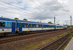 Speisewagen ČD - Česk� dr�hy (Tschechische Bahnen), CZ- ČD 73 54 88 - 91 005-1 der Gattung WRmz 815 am 14.05.2022 im Zugverband bei einer Durchfahrt im Bahnhof B�chen in Richtung Osten.